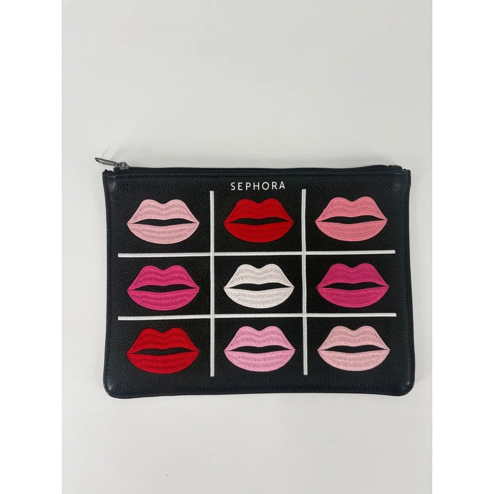 Sephora Black Cosmetic Bag Tic‎ Tac Toe Lips Pouch Zippered Makeup Organizer